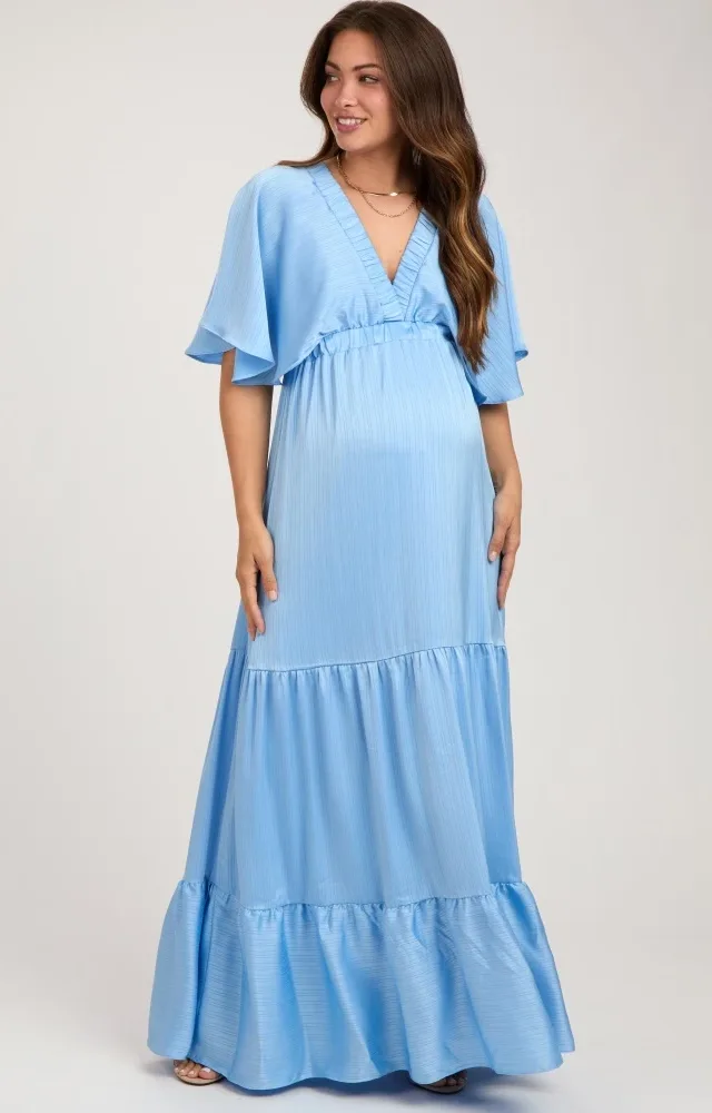 Light Blue V-Neck Flutter Sleeve Tiered Maternity Maxi Dress