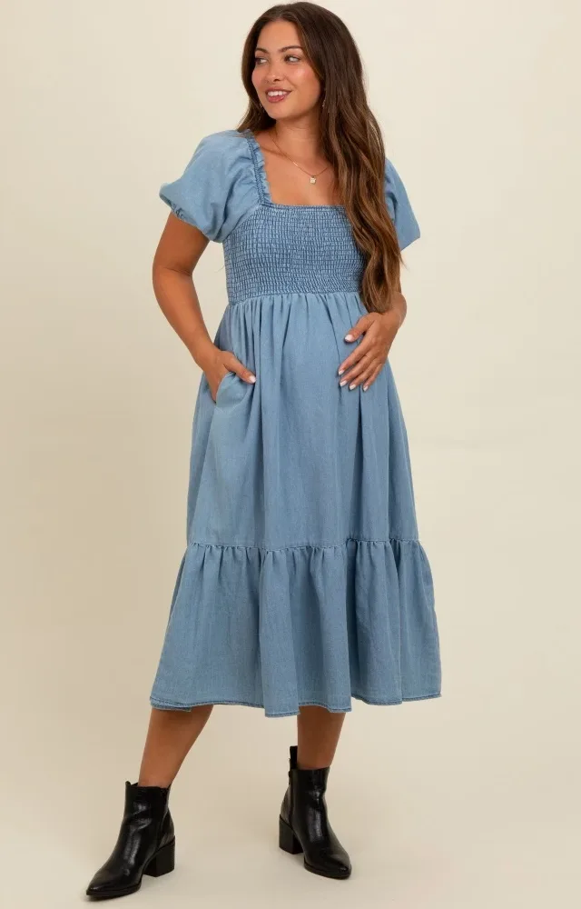 Light Blue Vintage Wash Chambray Smocked Maternity Midi Dress