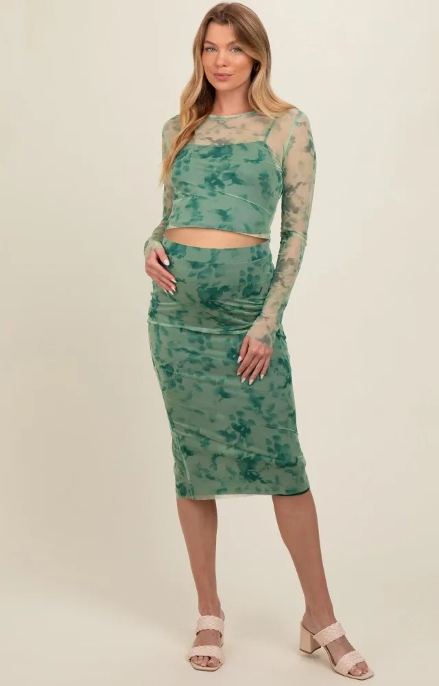 Light Green Abstract Floral Mesh Crop Top And Midi Skirt Maternity Set