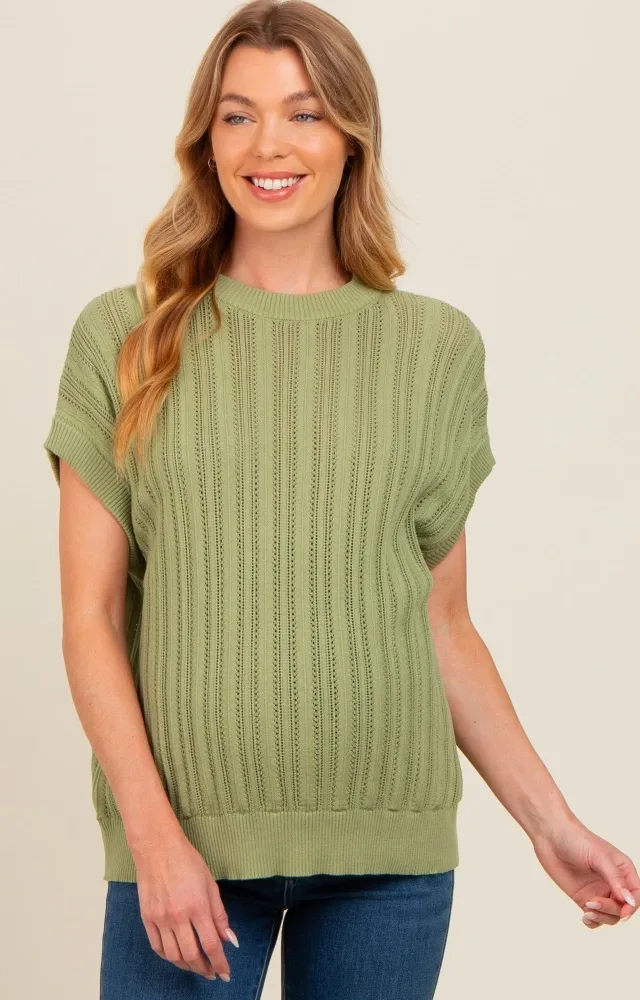 Light Green Crochet Knit Short Sleeve Sweater Maternity Top