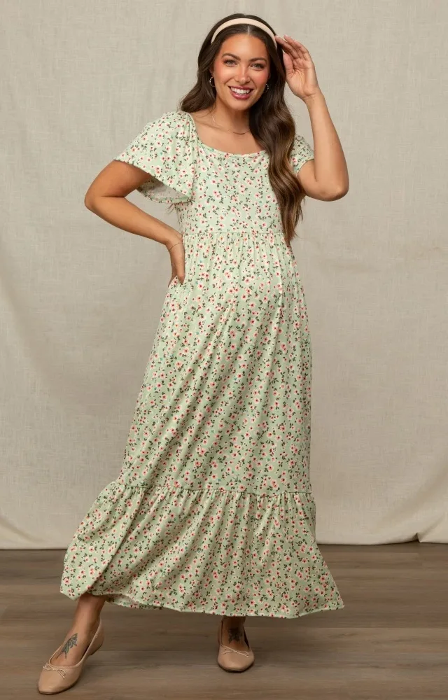 Light Green Floral Short Sleeve Maternity Maxi Dress