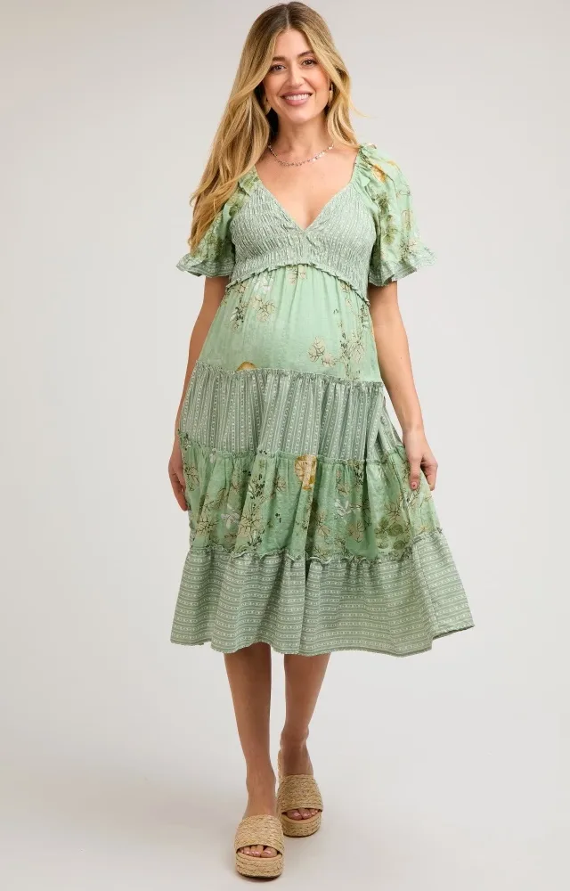 Light Green Floral V-Neck Tiered Maternity Midi Dress