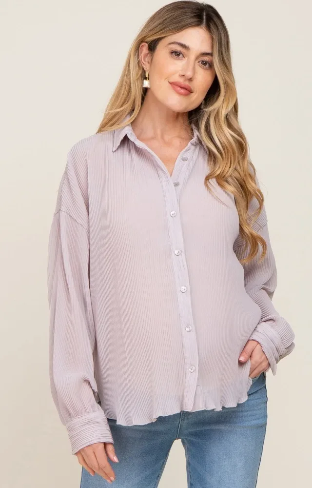 Light Grey Plisse Maternity Chiffon Blouse