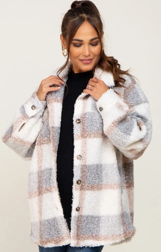 Light Grey Textured Plaid Maternity Jacket