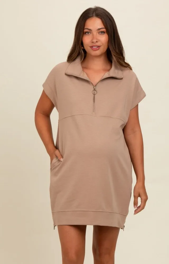 Light Mocha Knit Half Zip Maternity Mini Dress