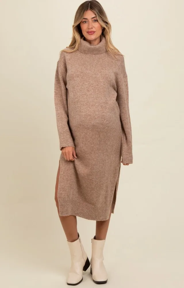 Light Mocha Turtleneck Side Slit Knit Maternity Midi Sweater Dress