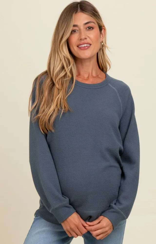 Light Navy Crewneck Waffle Knit Maternity Pullover Top