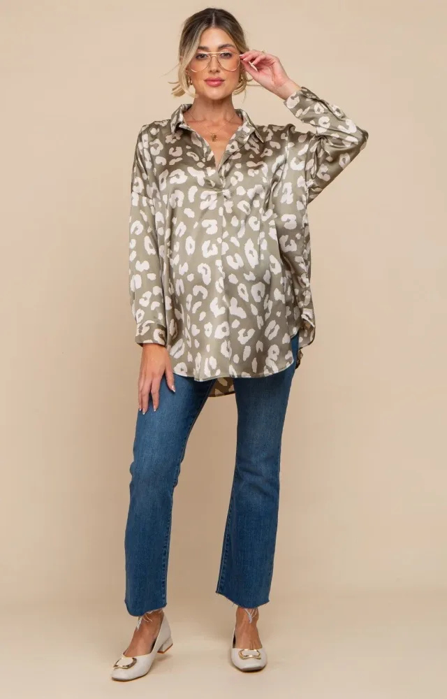 Light Olive Animal Print Long Sleeve Maternity Blouse