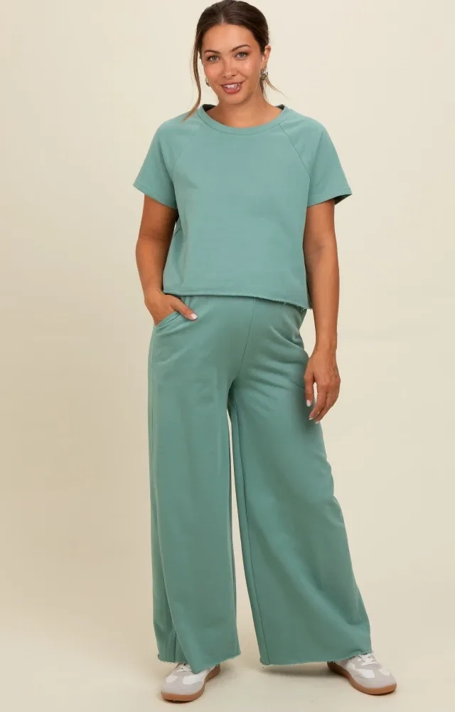 Light Olive Basic Tee And Wide Leg Pant Maternity Set