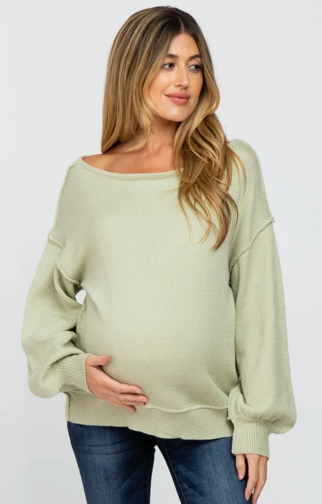 Light Olive Boat Neck Maternity Sweater