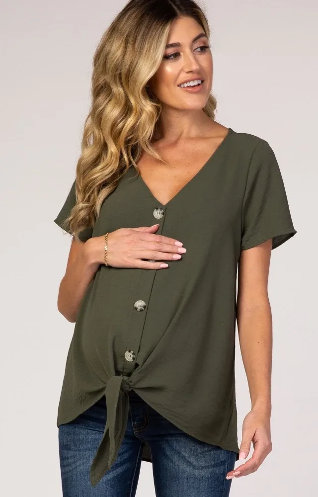 Light Olive Button Tie Front Maternity Top