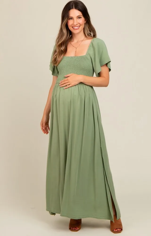 Light Olive Chambray Smocked Maternity Maxi Dress