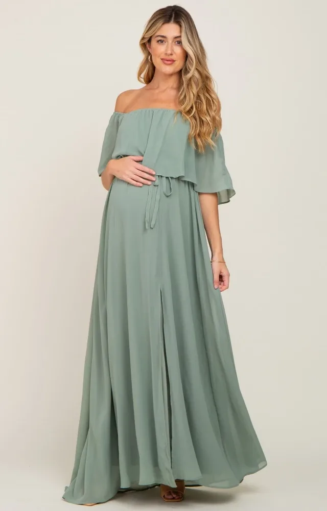 Light Olive Chiffon Off Shoulder Maternity Maxi Dress