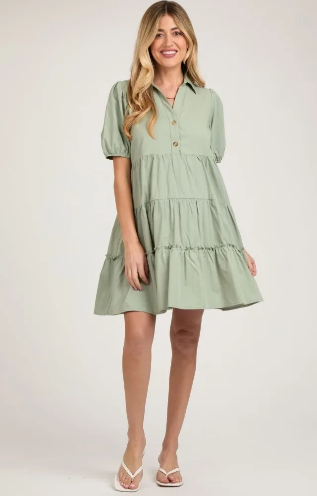 Light Olive Collared Tiered Maternity Dress