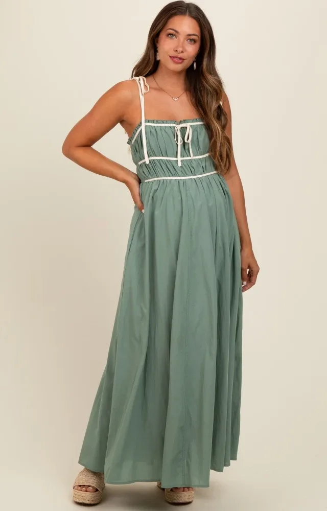 Light Olive Contrast Ribbon Trim Maternity Maxi Dress