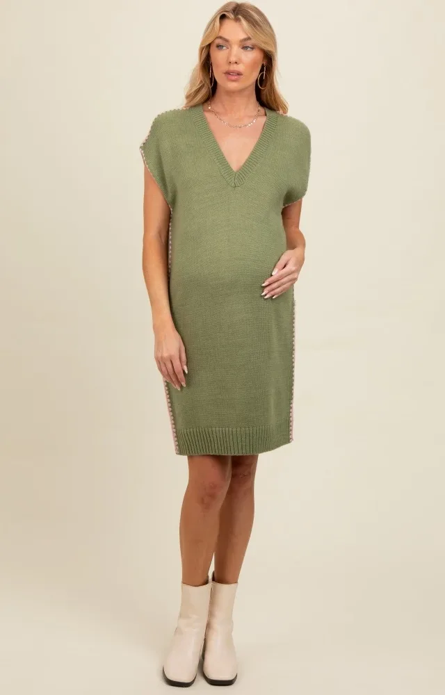 Light Olive Contrast Stitch V-Neck Maternity Mini Sweater Dress