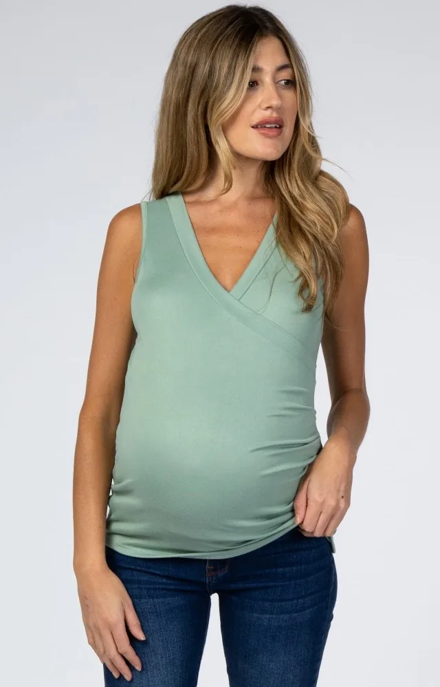 Light Olive Crossover Ruched Maternity Nursing Tank