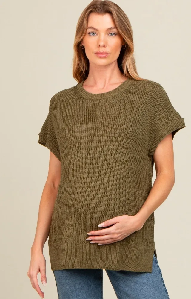 Light Olive Dolman Short Sleeve Side Slit Maternity Sweater Top