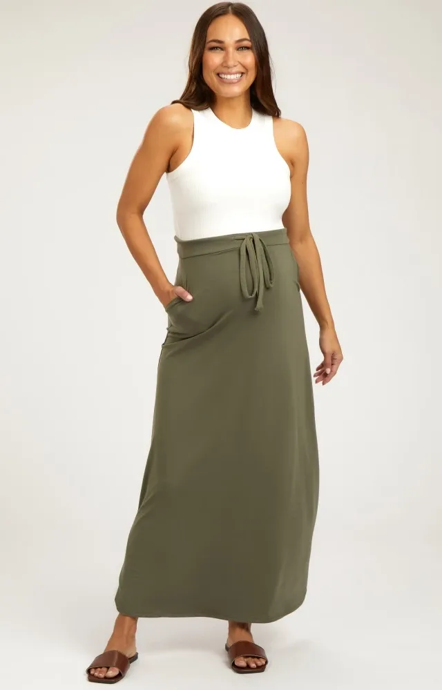 Light Olive Drawstring Maternity Maxi Skirt