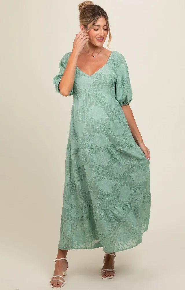 Light Olive Embroidered Leaf Print Striped Maternity Maxi Dress