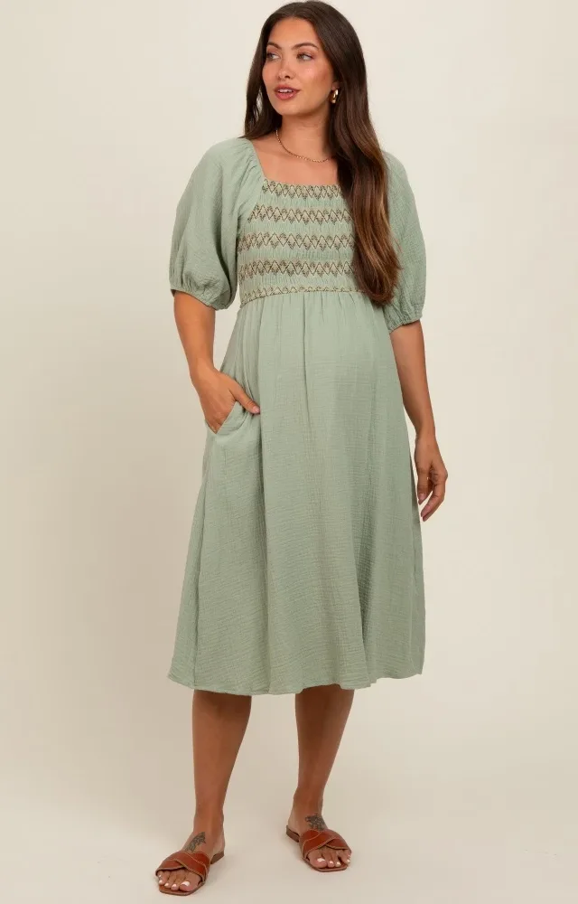 Light Olive Embroidered Maternity Midi Dress