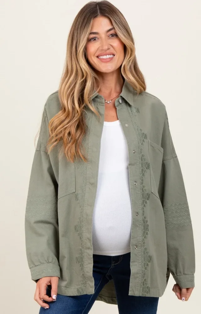 Light Olive Embroidered Snap Button Maternity Shirt Jacket