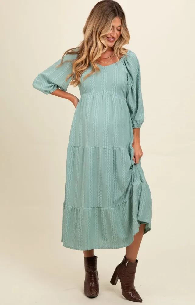 Light Olive Embroidered Tiered Maternity Midi Dress