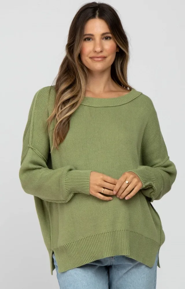 Light Olive Exposed Seam Side Slit Maternity Sweater