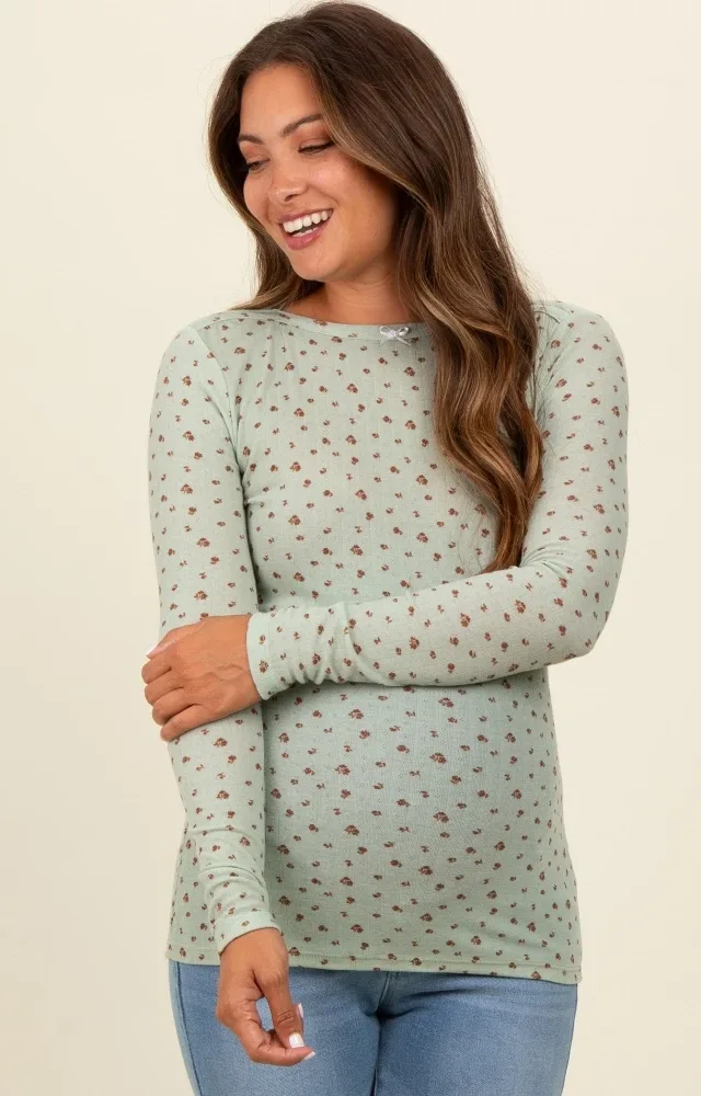 Light Olive Floral Bow Detail Long Sleeve Fitted Maternity Top