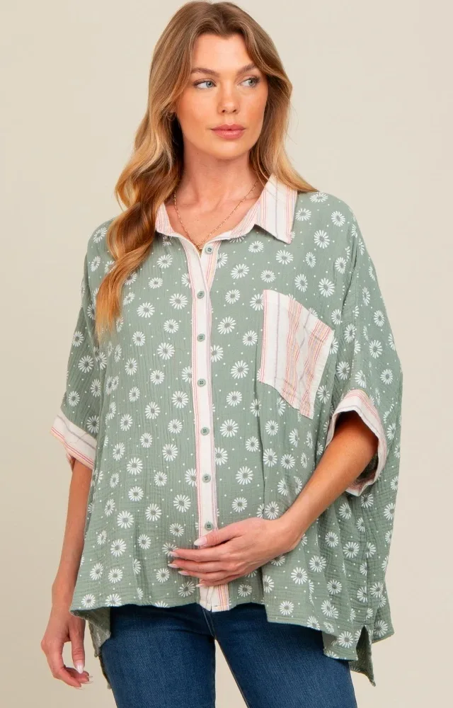 Light Olive Floral Contrast Print Maternity Button Down Top