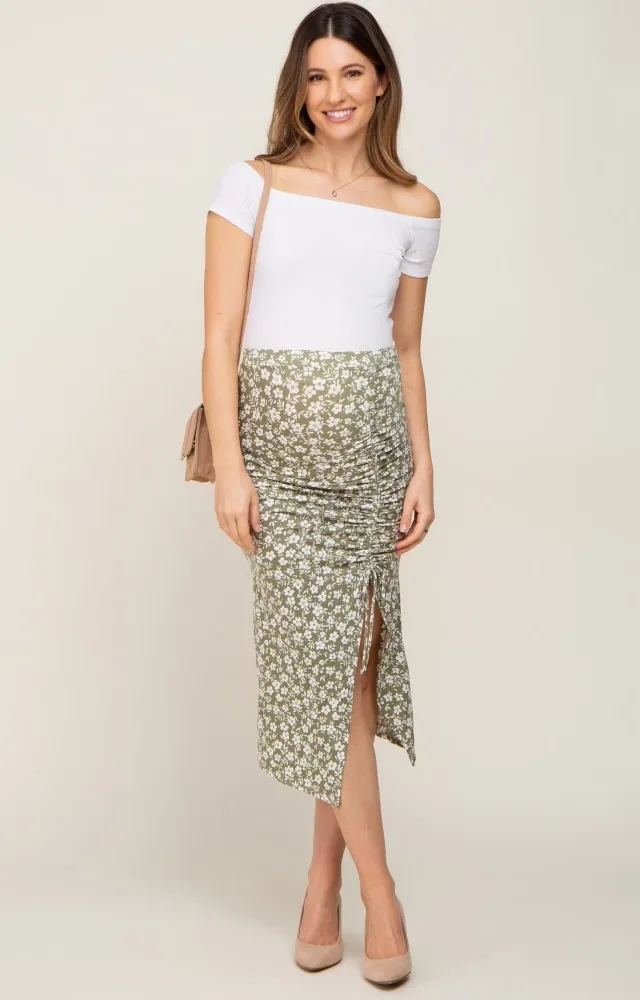 Light Olive Floral Drawstring Front Maternity Midi Skirt