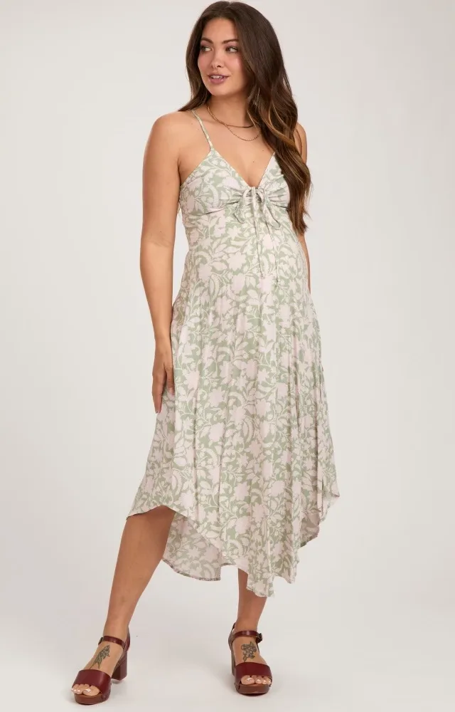 Light Olive Floral Front Tie V-Neck Maternity Midi Dress