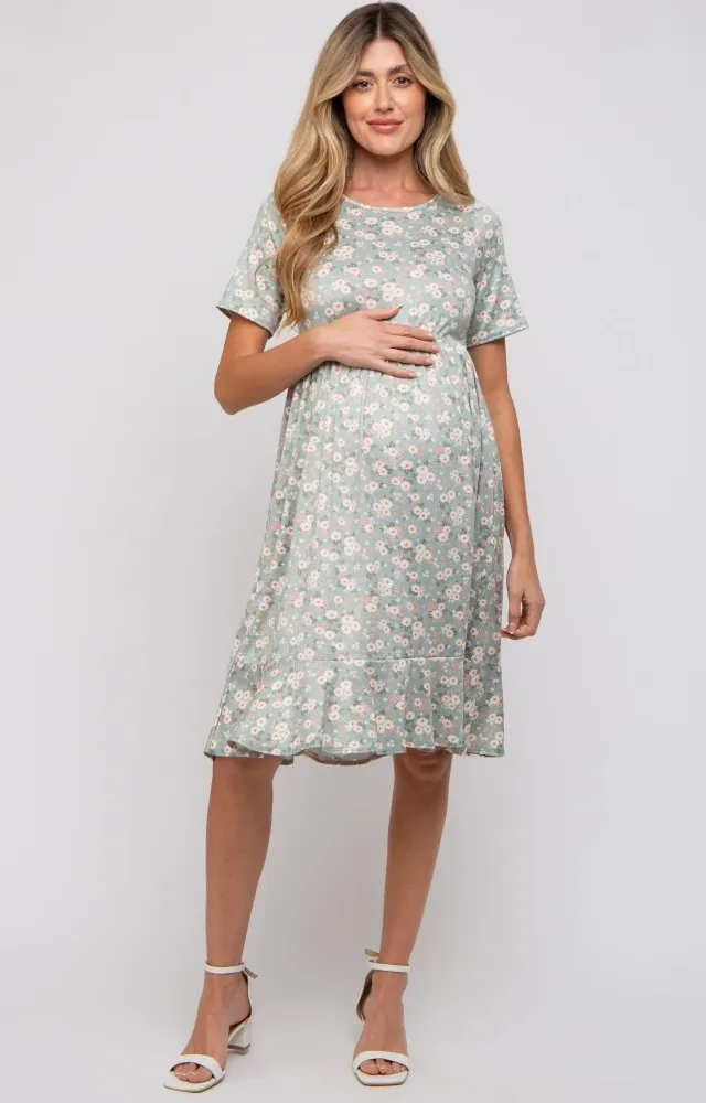 Light Olive Floral Knit Short Sleeve Maternity Dress