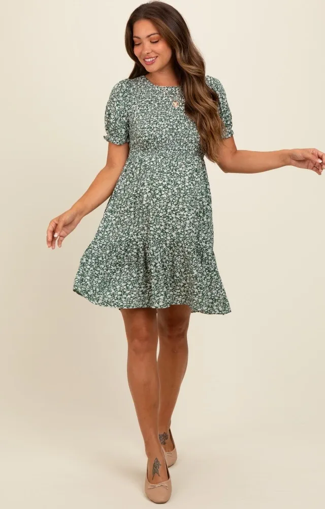 Light Olive Floral Puff Sleeve Smocked Maternity Dress