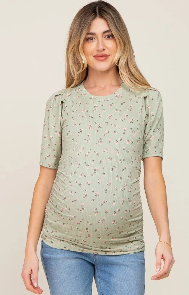 Light Olive Floral Side Ruched Maternity Short Sleeve Top