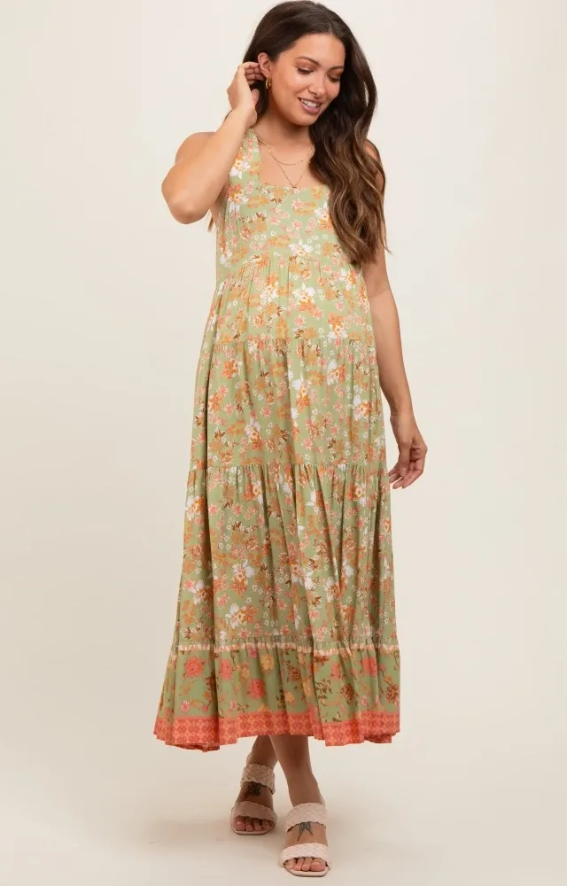 Light Olive Floral Sleeveless Tiered Maternity Dress