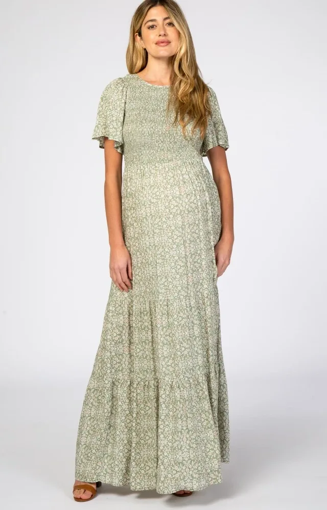 Light Olive Floral Smocked Front Maternity Maxi Dress