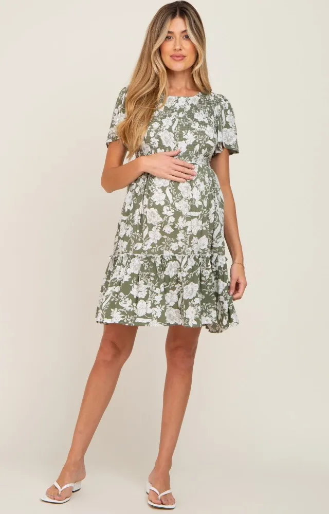 Light Olive Floral Smocked Ruffle Accent Maternity Dress