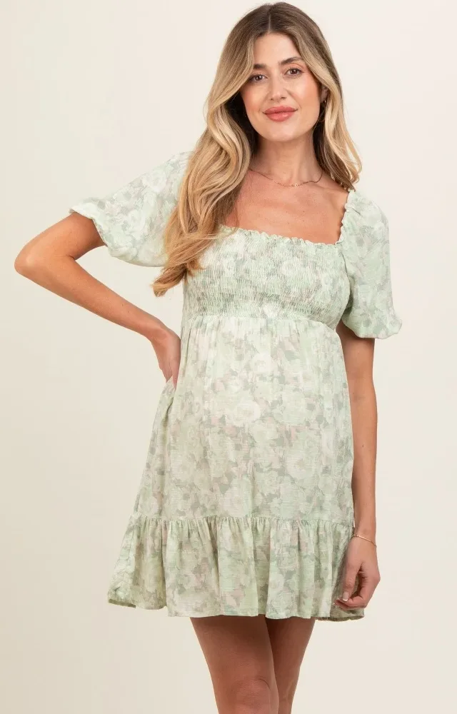 Light Olive Floral Smocked Square Neck Maternity Dress