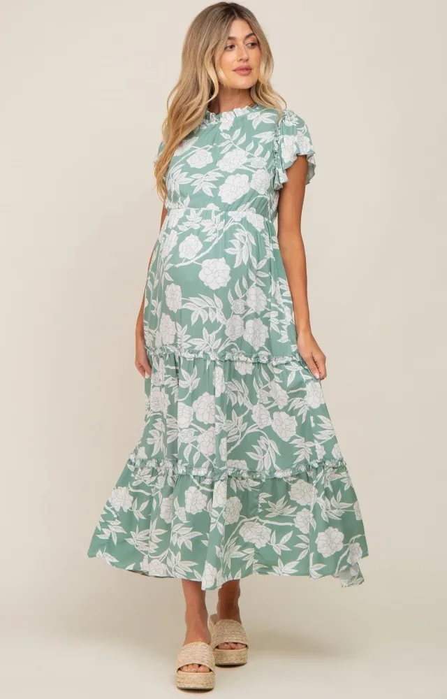 Light Olive Floral Tiered Ruffle Accent Maternity Maxi Dress