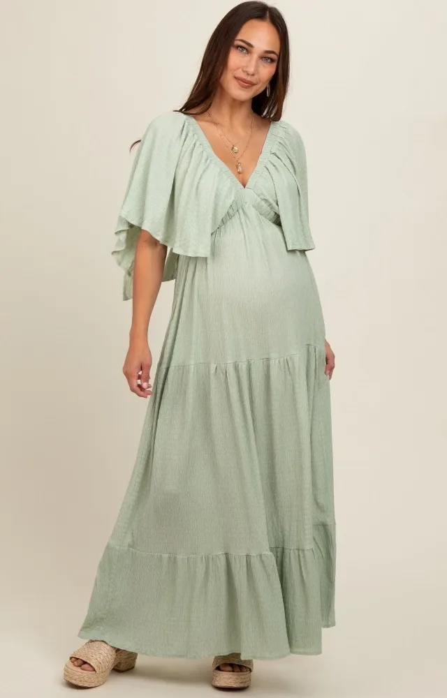 Light Olive Flounce Sleeve Tiered Maternity Dress