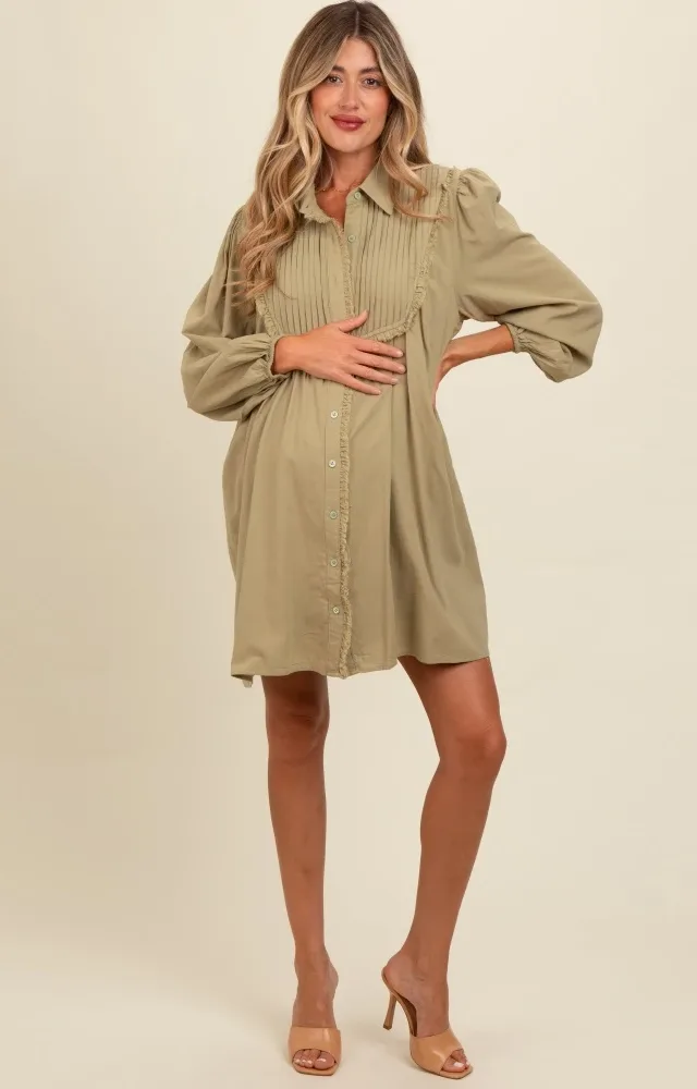 Light Olive Frayed Button Down Maternity Mini Dress