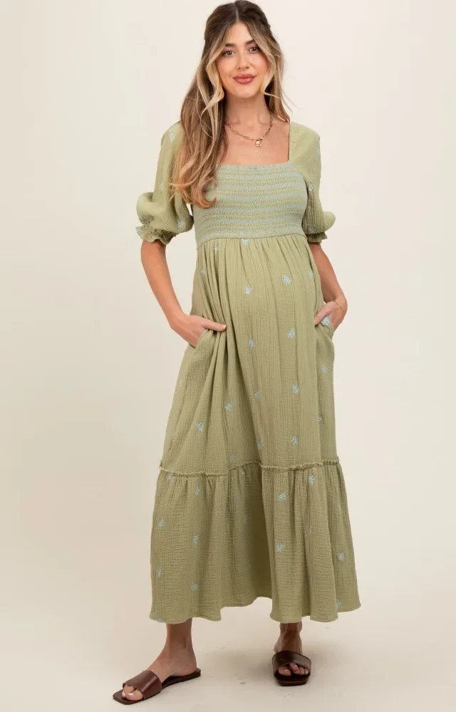 Light Olive Gauze Smocked Embroidered Square Neck Maternity Midi Dress