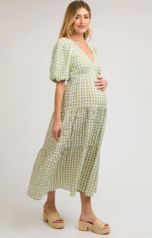 Light Olive Gingham Puff Sleeve Maternity Tiered Dress