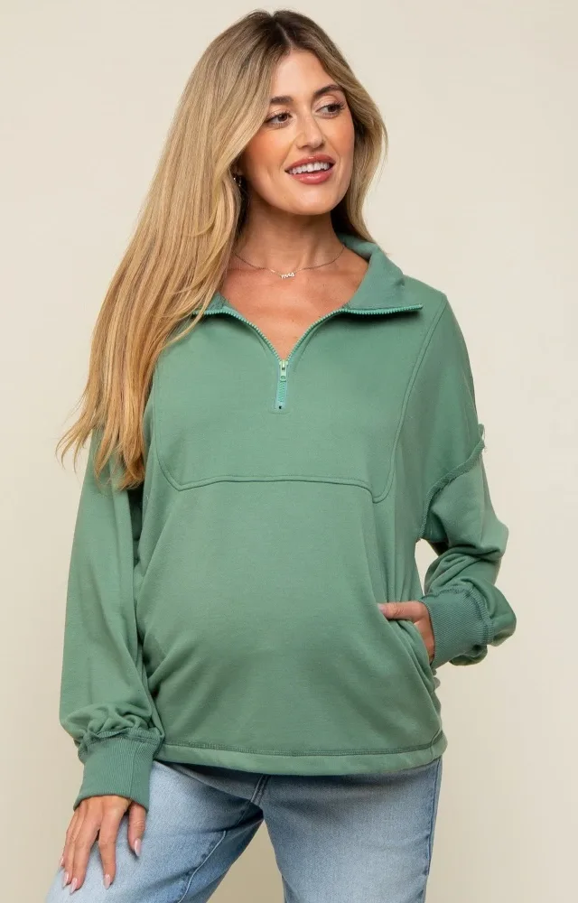 Light Olive Half Zip Maternity Pullover Top