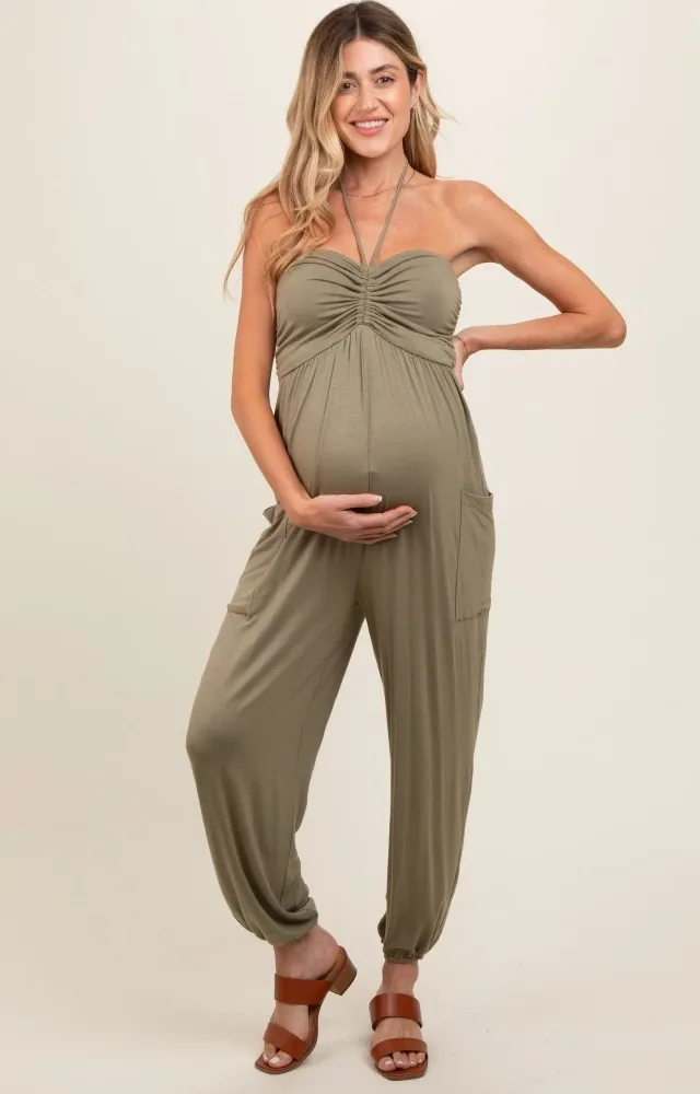 Light Olive Halter Cinched Maternity Jumpsuit