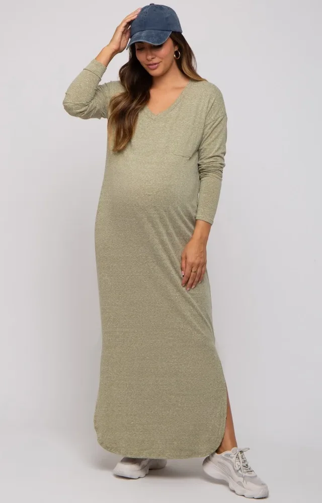 Light Olive Heathered Pocketed Long Sleeve Maternity Maxi Dress