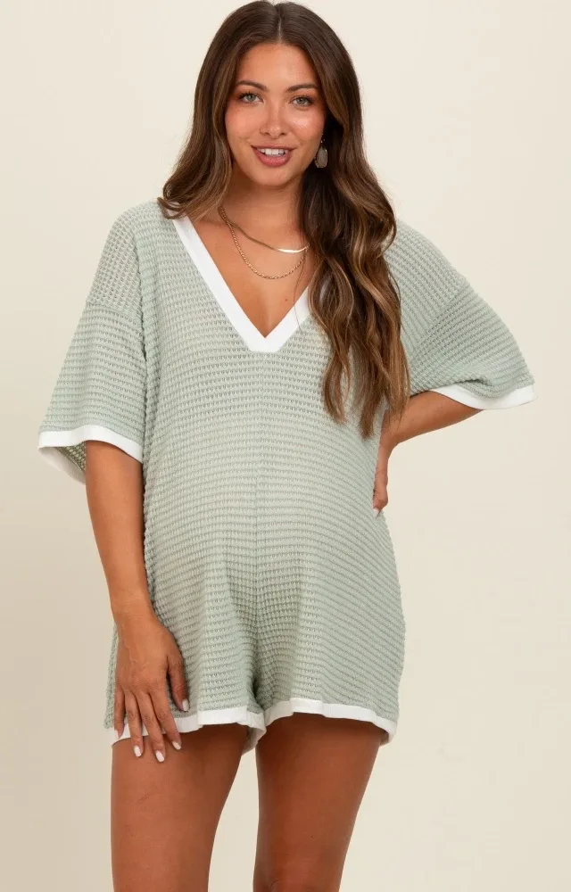 Light Olive Knit Contrast Trim Deep V-Neck Maternity Romper