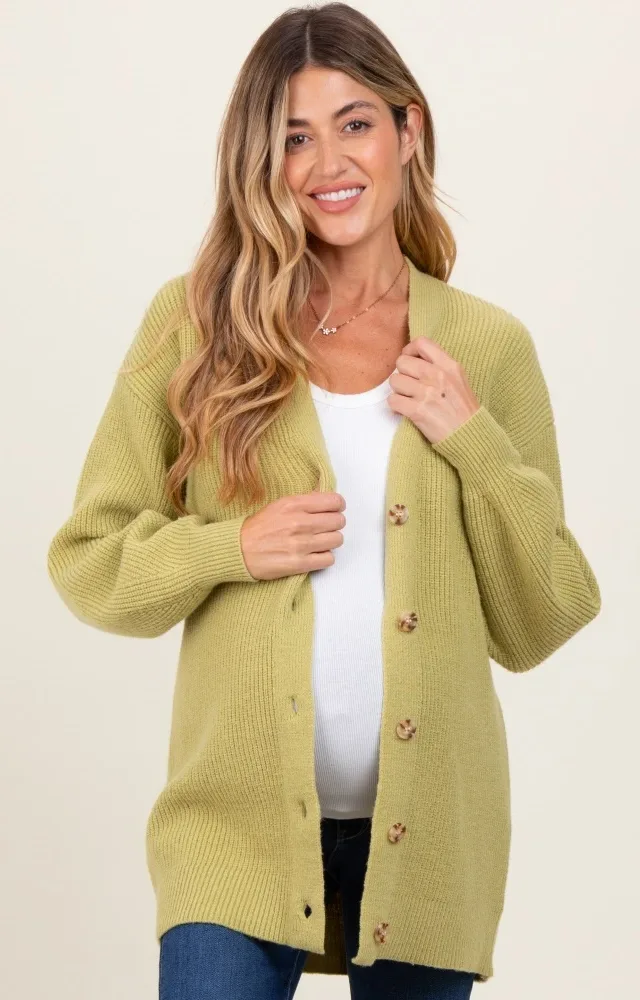 Light Olive Knit Oversized Button Down V-Neck Maternity Cardigan