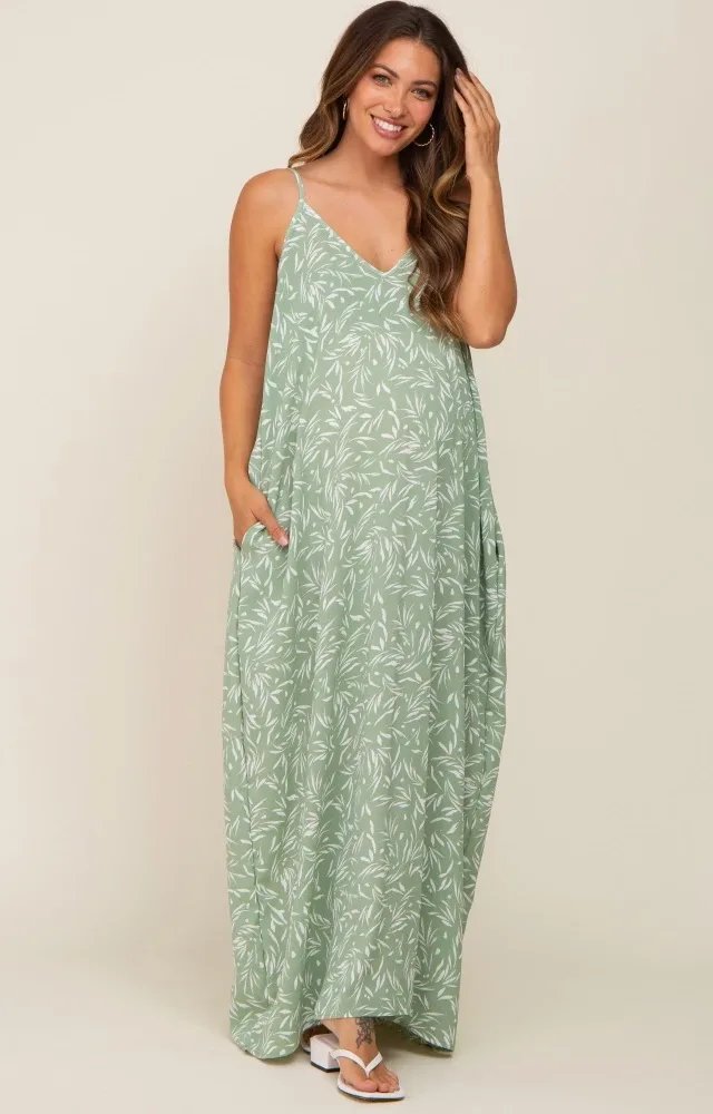 Light Olive Leaf Print Double V-Neck Maternity Maxi Dress